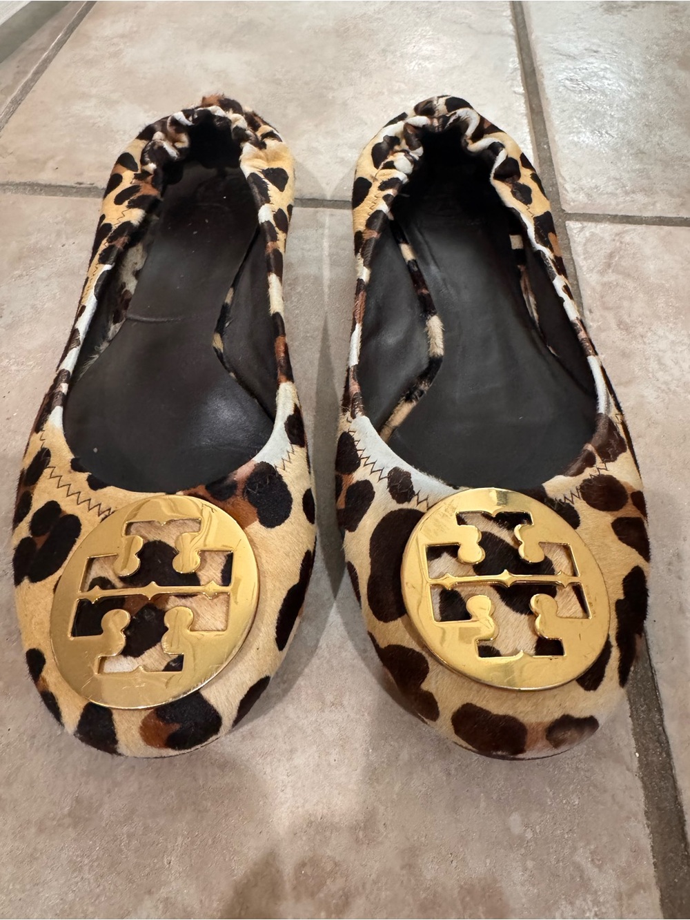 Tory Burch Leopard-Print Ballet Flats with Gold Logo Emblem size 10